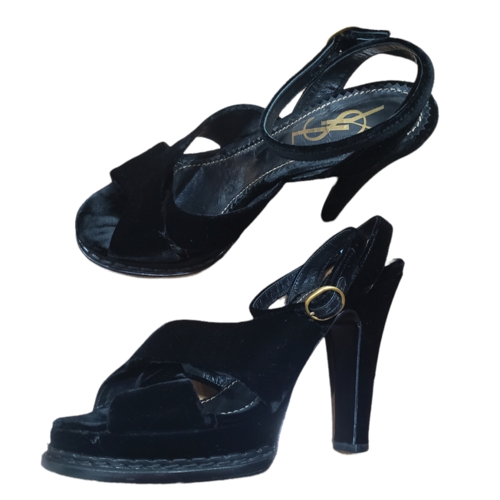 Saint Laurent black velvet heeled sandals shoes Size 37.5 us 7